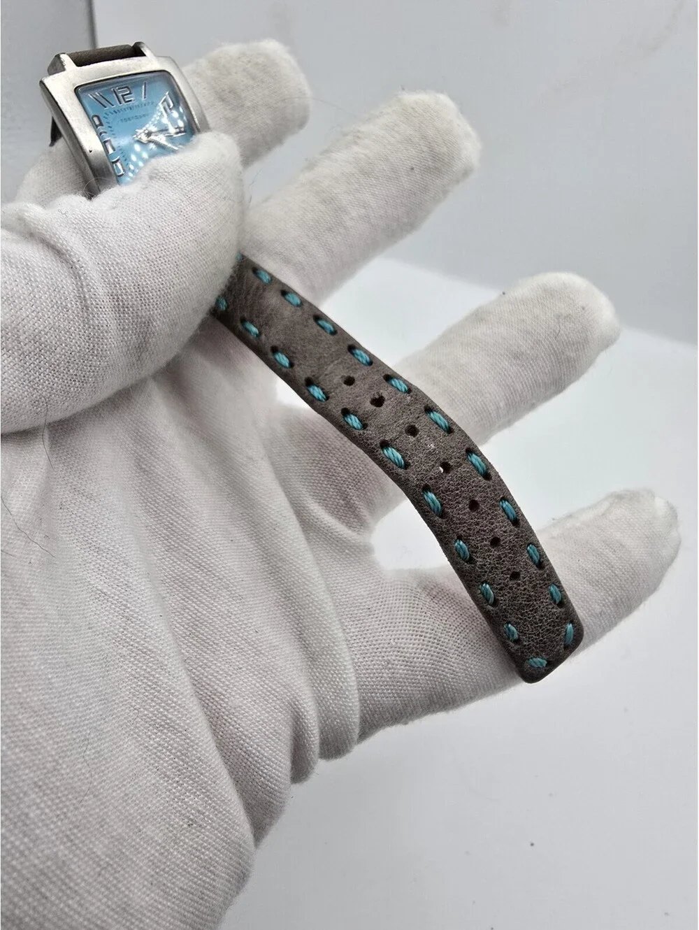 Tokyo Bay Blue Dial Square Quartz Watch with Brown Leather And Blue Stitch Band